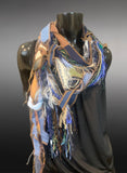 Lightweight jean blue green brown Boho fabric plus art yarn Scarf, Shreds Fringie yarn scarf, fiber scarf, street style scarf, refashion