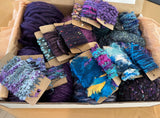 Knitting art yarn bundle, 1.5 lbs, luxury yarn stash box, weaving yarns, bulk purple blue yarn gift box