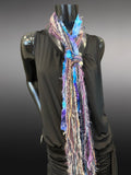 Boho Art yarn fringie scarf in lavendar blue. Bohemian fashion