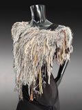 Boho chic Fur Taupe poncholette, Fringed shoulder wrap with faux fur, luxury fur knit capulet,
