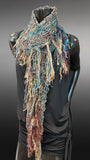 Lightweight knit beige teal blue scarf, bohemian jewel tone Diamond-shape Scarf, ribbon knit scarf