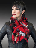 Boho couture fabric scarf, free form scarf, avant garde black red scarf