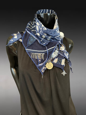 Upcycled couture neck cowl scarf in jean blues, navy, gray, boho hippie scarf