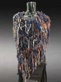 Poncho in blue brown rust, Boho hippie fringed Knit handmade Poncho, shoulder wrap