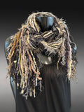 Cowgirl style black tan neutral color fringe scarf with art yarns, Luxury avant garde fringe scarf