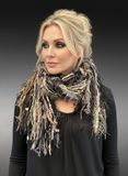 Cowgirl style black tan neutral color fringe scarf with art yarns, Luxury avant garde fringe scarf