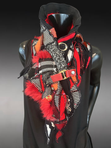 Boho couture fabric scarf, free form scarf, avant garde black red scarf