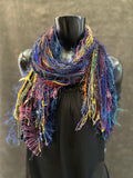 Eclectic bohemian style scarf in purple navy jewel tone , Fringe Scarf, boho chic, fantasy rainbow scarf, tribal