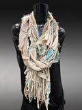 Bohemian long Boho eco-friendly Scarf, Whimsical fiber fringe scarf, tribal scarves, cream aqua fashion