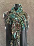 Lightweight knit teal fringed scarf, bohemian jewel tone triangle -shape Scarf, ribbon knit scarf