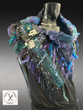 Saori style woven blue green poncholette, bohemian style or avant garde fashion shawl