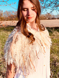 Knit Fur Ivory with blue poncholette, Fringed shoulder wrap with faux fur, luxury fur knit capulet,