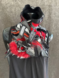 Boho couture fabric scarf, free form scarf, couture black red scarf