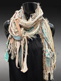 Bohemian long Boho eco-friendly Scarf, Whimsical fiber fringe scarf, tribal scarves, cream aqua fashion