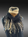 Artisan knit fur turtleneck scarf, Textured Boho Knit Neck Warmer with Statement Fringe