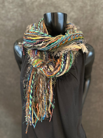 Handmade Mardi Gras color fringe scarf with art yarns, Boho content scarf