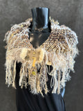 Knit beige beige yellow Cowl with fringe and clasp, cowgirl style , boho style scarf