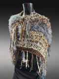 Hand Knit Rustic boho style Poncho, Fringed cowgirl style poncho, shoulder wrap.