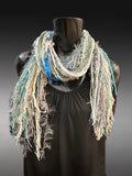 Petite Fringie Yarn Scarf, gray aqua teal white boho style short Scarf