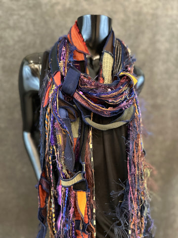 Lightweight navy rust purple fabric plus art yarn Scarf, Shreds Fringie yarn scarf, funky eco-friendly clothing