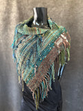 Woven saori style boho or viking style poncholette with art yarns, Green brown Woven Cowl, nature inspired clothing