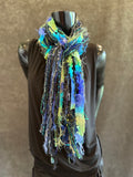 Handmade art yarn fringe scarf with art yarns , Fringie scarf in blue green purple, women gift, boho accessory, vibrant color scarf