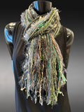Boho style luxury eclectic Scarf, black olive teal brown, nature inspired art scarf