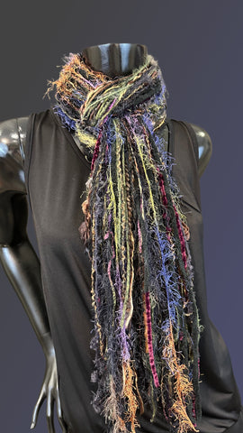 Handmade Boho Indie style art scarf,  purple black green fringe scarf, Fringie scarf, bohemian inspired fashion