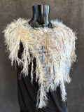 Knit Fur Ivory with blue poncholette, Fringed shoulder wrap with faux fur, luxury fur knit capulet,