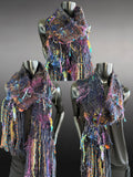 Hand knit Boho knit fringed scarf in jewel tones