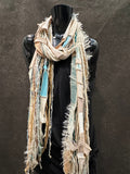 Bohemian long Boho eco-friendly Scarf, Whimsical fiber fringe scarf, tribal scarves, cream aqua fashion