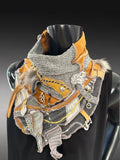 Avant Garde neck cowl scarf in mustard yellow and gray, couture boho chic scarf, upcycled fabric cowls