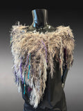 Bohemian style faux Fur wrap with fringe, luxury fur knit capulet, Textural Fiber Art Wrap