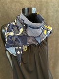 Upcycled couture neck cowl scarf in navy yellow jean boho hippie eco-friendly scarves, fabric neckwarmer