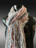 Unique handmade Boho style fringe scarf in pink peach gray, funky scarf