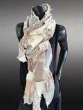 Couture upcycled fabric long scarf, Shreds series bohemian style, upcycled indie clothing, blue jean cream scarf, wrap shawl