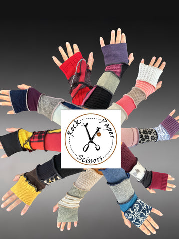 Fabric knit upcycled arm warmers, wrist cuffs, fabric fingerless gloves, upcycled sweater sleeves, Katwise arm warmers, fingerless mittens