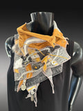 Avant Garde neck cowl scarf in mustard yellow and gray, couture boho chic scarf, upcycled fabric cowls