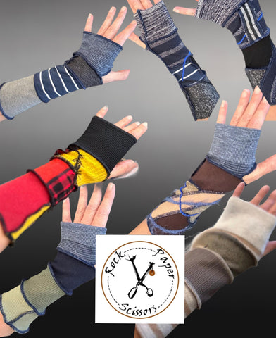 Fabric knit upcycled arm warmers, wrist cuffs, fabric fingerless gloves, upcycled sweater sleeves, Katwise arm warmers, fingerless mittens