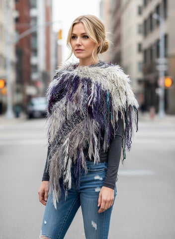 Boho Fringe Fiber Art Poncho – Handcrafted Textural Wrap in Purple Taupe, OOAK Wearable Art shawl