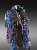 Artisan Fiber Art Scarf – Handcrafted Textured Statement Scarf in Midnight Blue, Purple & Black – Wearable Textile Art