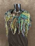 Poncholette in blue green, Boho hippie fringed shoulder wrap