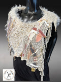 Luxury women poncho, Fur poncholette, Knit fringed winter white cowl with fringe