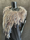 Knit Fur Taupe poncholette, Fringed shoulder wrap with faux fur, luxury fur knit capulet,