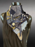 Upcycled couture neck cowl scarf in navy olive jean boho hippie eco-friendly scarves, fabric neckwarmer