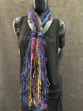 Eclectic bohemian style scarf in purple navy jewel tone , Fringe Scarf, boho chic, fantasy rainbow scarf, tribal