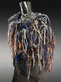 Poncho in blue brown rust, Boho hippie fringed Knit handmade Poncho, shoulder wrap