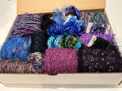 Knitting art yarn bundle, 1.5 lbs, fiber pack, weaving yarns, bulk purple blue yarn gift box