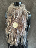 Hand Knit taupe fur scarf with oversized button, Fur Boho Art Scarf, Scarf with fringe, tan knit scarf