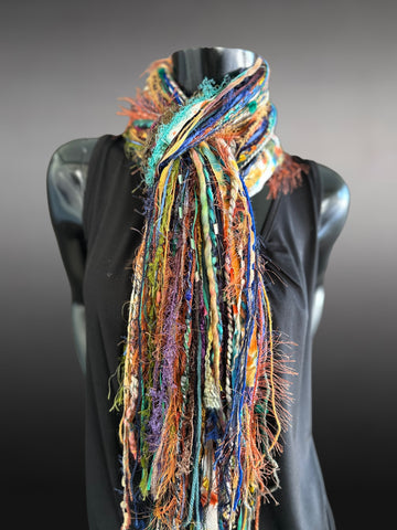 Handmade Mardi Gras color fringe scarf with art yarns, Boho content scarf